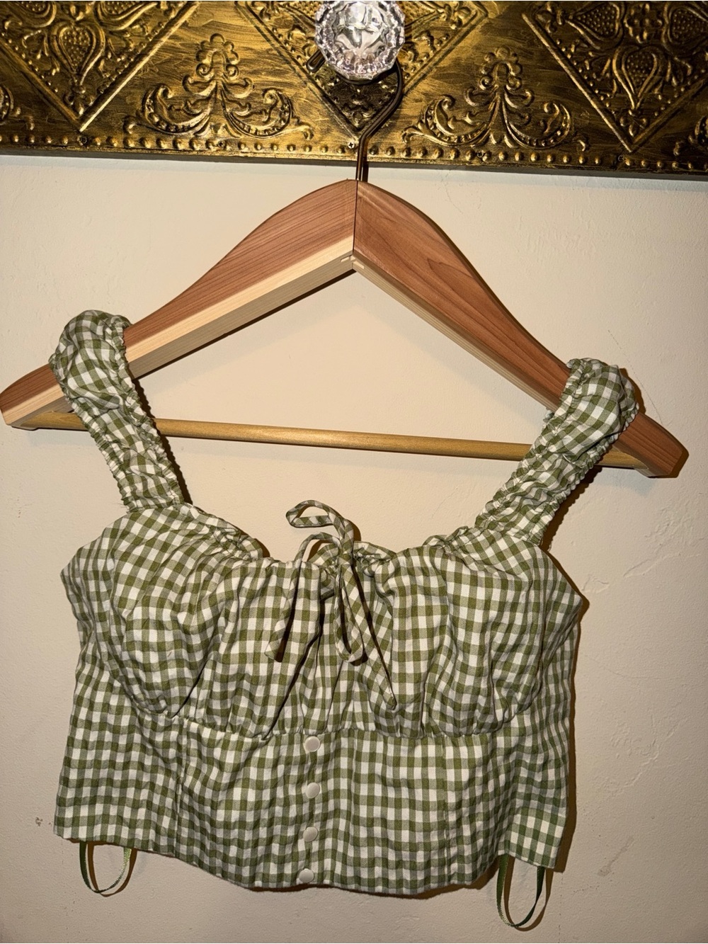 Tullea Sage Green Gingham Plaid Smocked Back Crop Cami Top Large